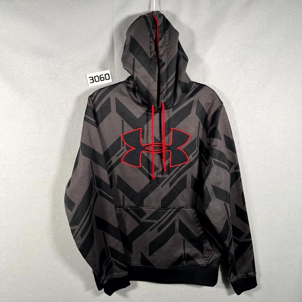 Under Armour Hoodie Mens Small Black Red Graphic Fleece Lined Loose Fit Gym